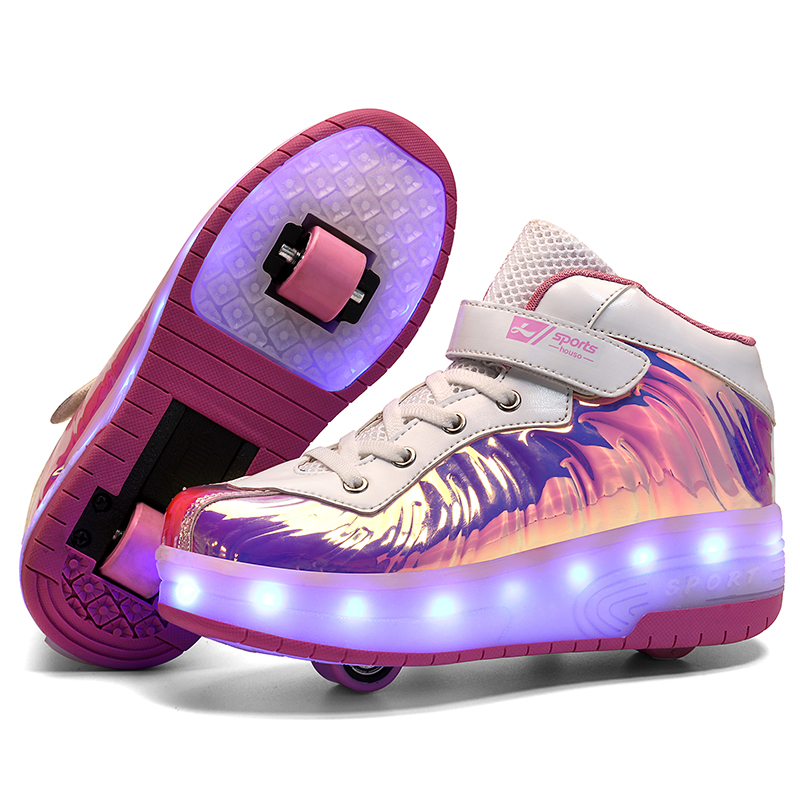 YongerYong Niña Niño Zapatos con 4 Ruedas LED Luces，Roller Skate Zapatos con USB Recargable,Ruedas Retráctil Skateboarding Rollerblades Deportes al Aire Libre Zapatos 