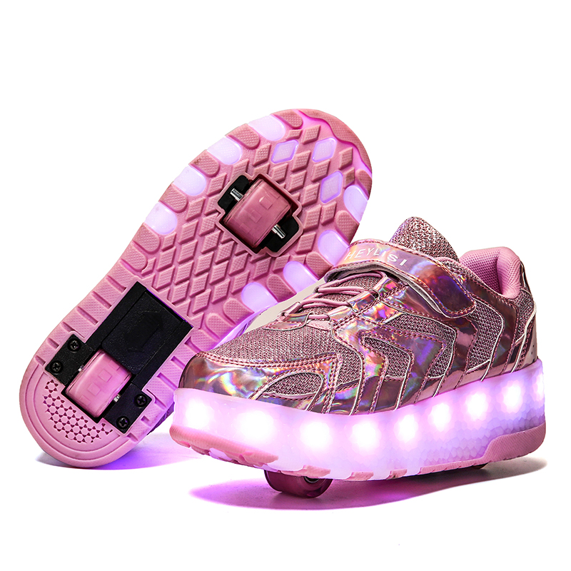 Girls Boys Roller Skate Shoes with Wheels LED Light up Trainers Double Wheel USB Charging Inline Skates Outdoor Gymnastics Luminous Flash Kids Technical Skateboarding Shoes