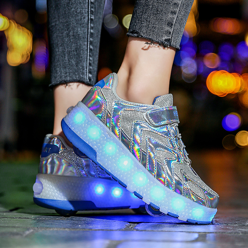 Girls Boys Roller Skate Shoes with Wheels LED Light up Trainers Double Wheel USB Charging Inline Skates Outdoor Gymnastics Luminous Flash Kids Technical Skateboarding Shoes