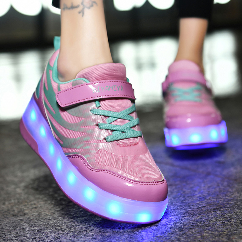pit4tk LED Light Up Blink Double Wheel Roller Skate Shoes Fashion Sports Flashing Sneaker Boys Girls Kid 